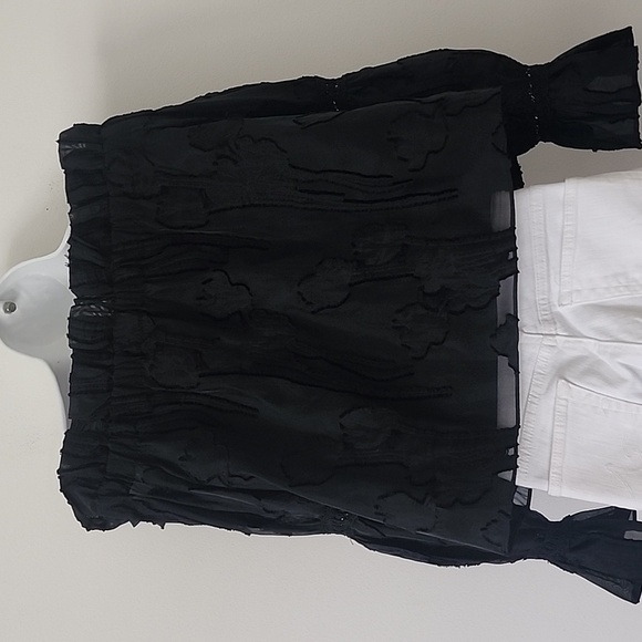 Alexis Raza Off Shoulder diaphanous organza Black top Size Small - Picture 15 of 16
